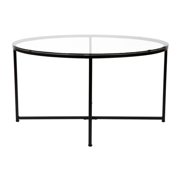 Clear Top/Matte Black Frame |#| Clear Glass Table Set with Matte Black X Metal Frame-Coffee Table-2 End Tables