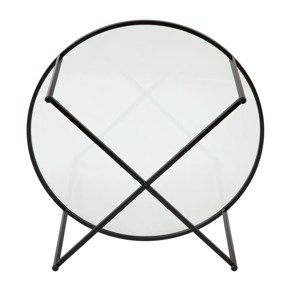 Clear Top/Matte Black Frame |#| Clear Glass Table Set with Matte Black X Metal Frame-Coffee Table-2 End Tables