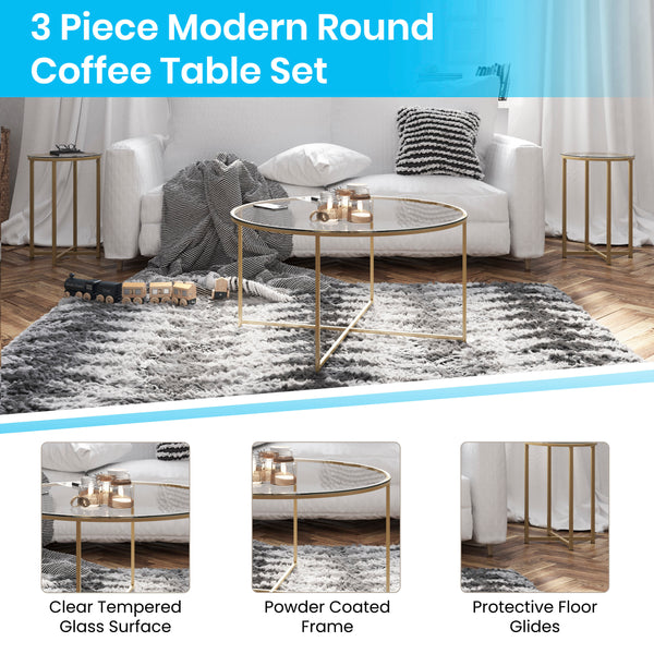 Clear Top/Brushed Gold Frame |#| Clear Glass Table Set with Brushed Gold X Metal Frame-Coffee Table-2 End Tables
