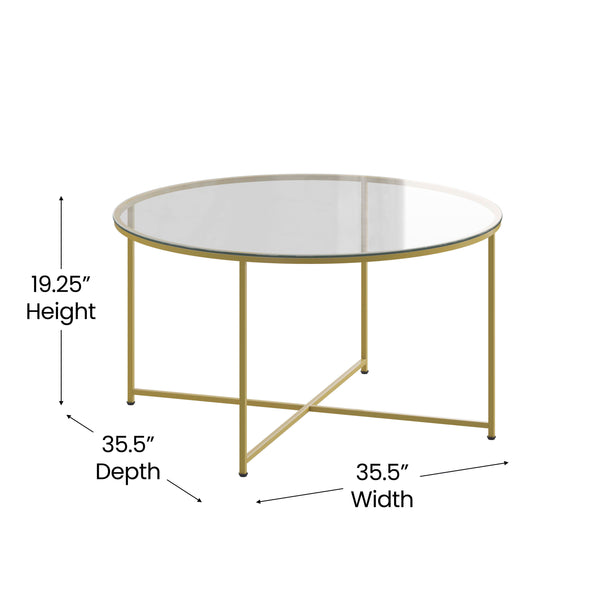 Clear Top/Brushed Gold Frame |#| Clear Glass Table Set with Brushed Gold X Metal Frame-Coffee Table-2 End Tables