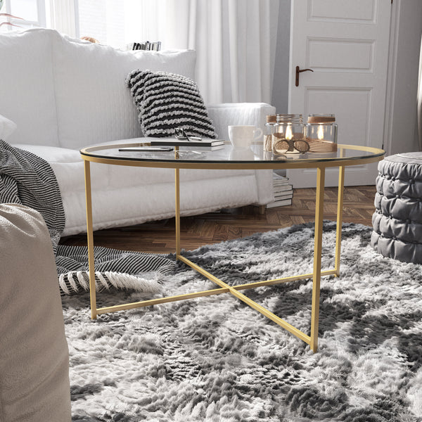 Clear Top/Brushed Gold Frame |#| Clear Glass Table Set with Brushed Gold X Metal Frame-Coffee Table-2 End Tables