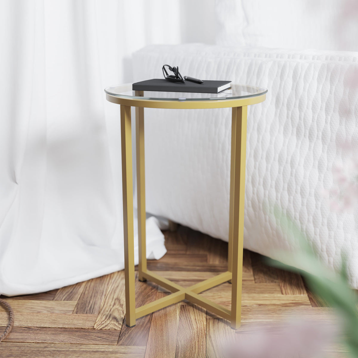 Clear Top/Brushed Gold Frame |#| Clear Glass Table Set with Brushed Gold X Metal Frame-Coffee Table-2 End Tables
