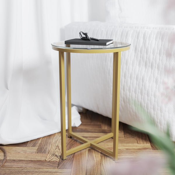 Clear Top/Brushed Gold Frame |#| Clear Glass Table Set with Brushed Gold X Metal Frame-Coffee Table-2 End Tables