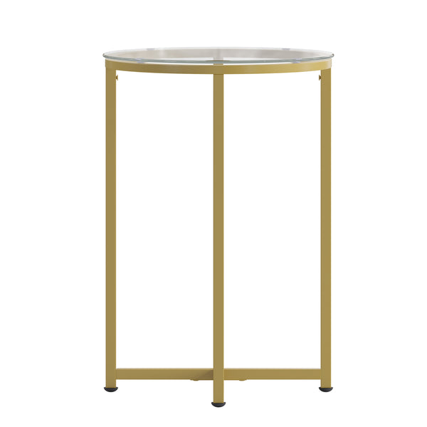 Clear Top/Brushed Gold Frame |#| Clear Glass Living Room End Table with Crisscross Brushed Gold Metal Frame
