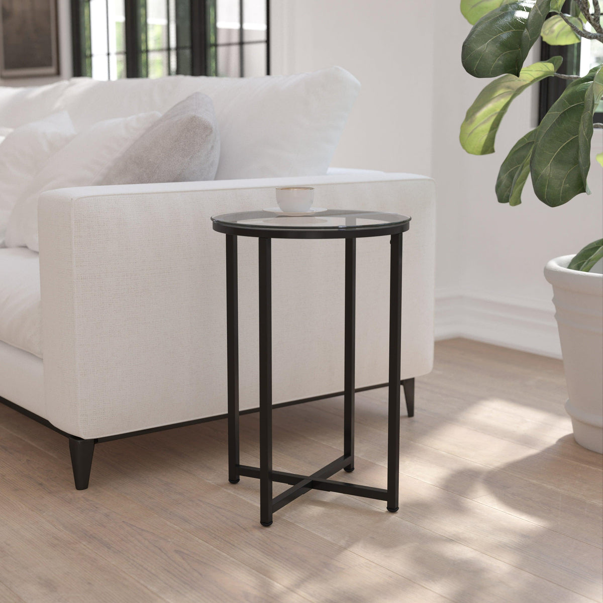 Clear Top/Matte Black Frame |#| Clear Glass Living Room End Table with Crisscross Matte Black Metal Frame