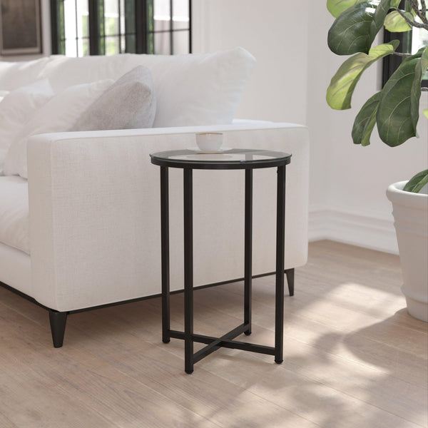 Clear Top/Matte Black Frame |#| Clear Glass Living Room End Table with Crisscross Matte Black Metal Frame