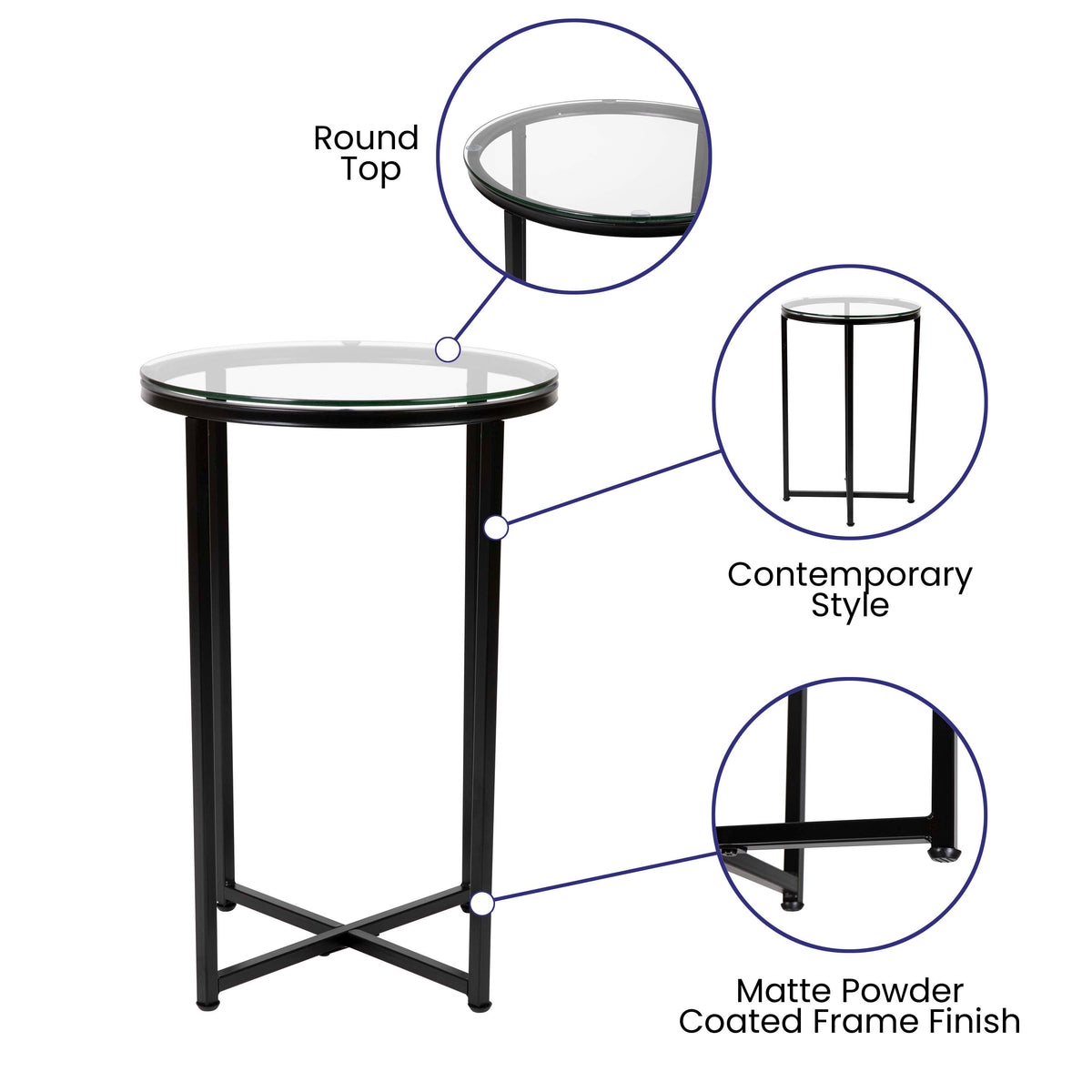 Clear Top/Matte Black Frame |#| Clear Glass Living Room End Table with Crisscross Matte Black Metal Frame