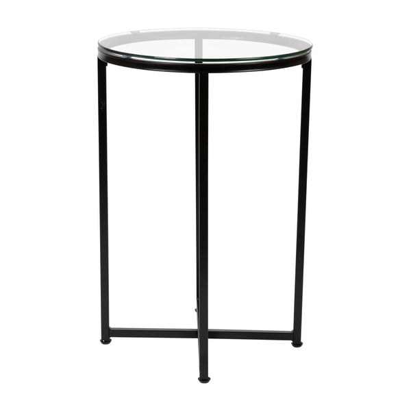 Clear Top/Matte Black Frame |#| Clear Glass Living Room End Table with Crisscross Matte Black Metal Frame