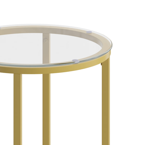 Clear Top/Brushed Gold Frame |#| Clear Glass Living Room End Table with Crisscross Brushed Gold Metal Frame