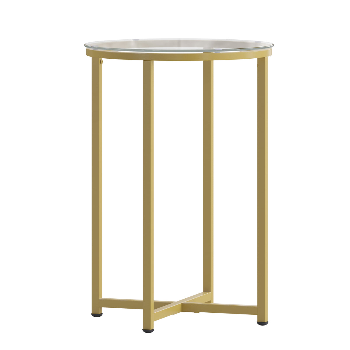 Clear Top/Brushed Gold Frame |#| Clear Glass Living Room End Table with Crisscross Brushed Gold Metal Frame