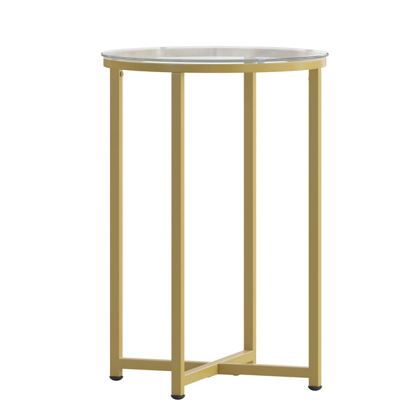 Clear Top/Brushed Gold Frame |#| Clear Glass Living Room End Table with Crisscross Brushed Gold Metal Frame