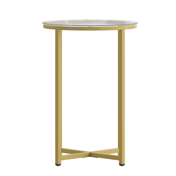 Clear Top/Brushed Gold Frame |#| Clear Glass Living Room End Table with Crisscross Brushed Gold Metal Frame