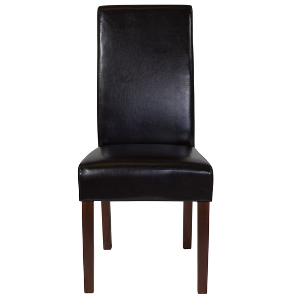 Brown LeatherSoft |#| Brown LeatherSoft Upholstered Parsons Chair w/Panel Stitching &Mahogany Legs