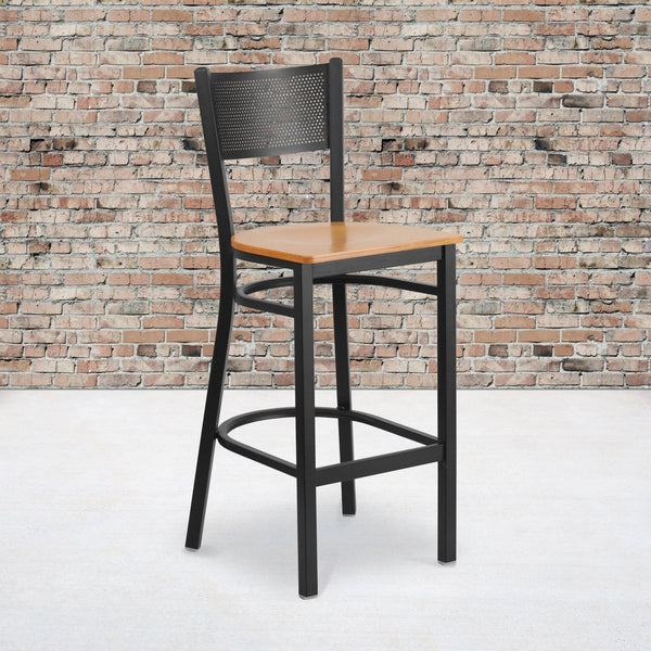 Natural Wood Seat/Black Metal Frame |#| Black Grid Back Metal Restaurant Barstool with Natural Wood Seat