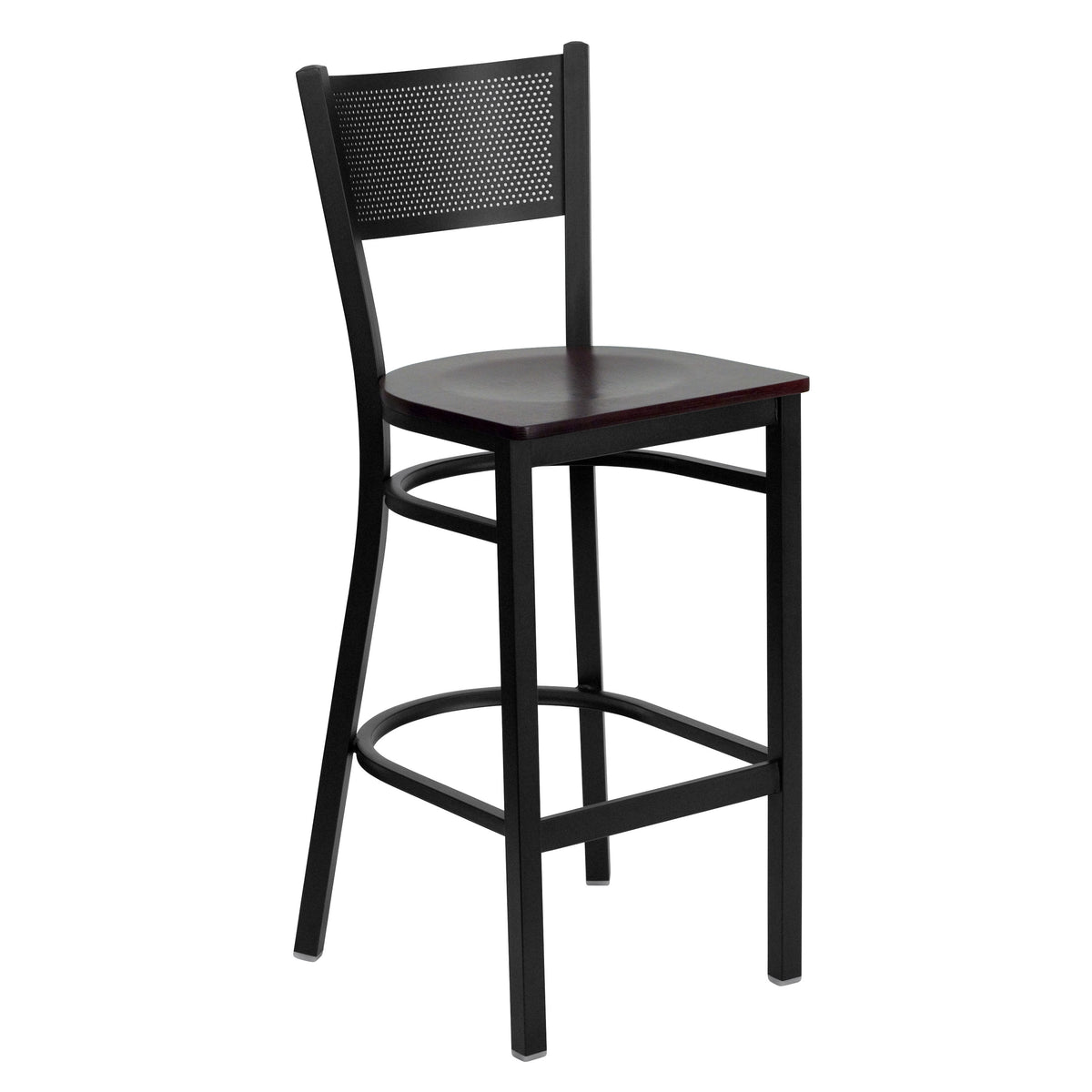 Mahogany Wood Seat/Black Metal Frame |#| Black Grid Back Metal Restaurant Barstool with Mahogany Wood Seat