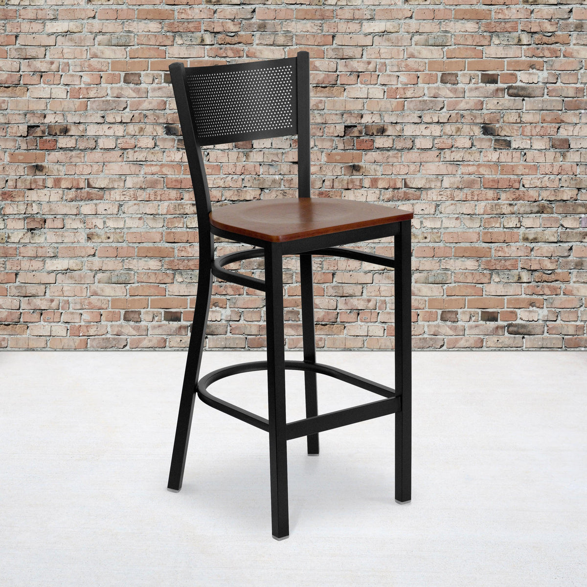 Cherry Wood Seat/Black Metal Frame |#| Black Grid Back Metal Restaurant Barstool with Cherry Wood Seat