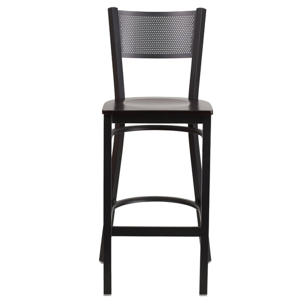 Walnut Wood Seat/Black Metal Frame |#| Black Grid Back Metal Restaurant Barstool with Walnut Wood Seat