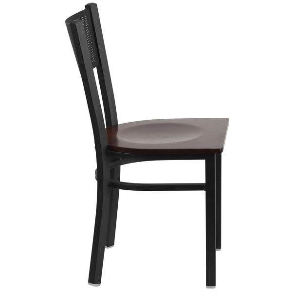 Walnut Wood Seat/Black Metal Frame |#| Black Grid Back Metal Restaurant Chair with Walnut Wood Seat
