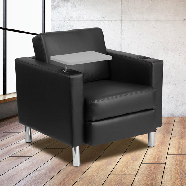 Black LeatherSoft |#| Black LeatherSoft Guest Chair with Tablet Arm, Tall Chrome Legs and Cup Holder