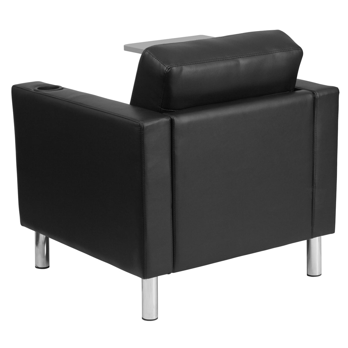 Black LeatherSoft |#| Black LeatherSoft Guest Chair with Tablet Arm, Tall Chrome Legs and Cup Holder