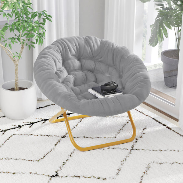 Gray Faux Fur/Soft Gold Frame |#| Folding XL Faux Fur Saucer Chair for Dorm or Bedroom - Dusty Aqua/Soft Gold