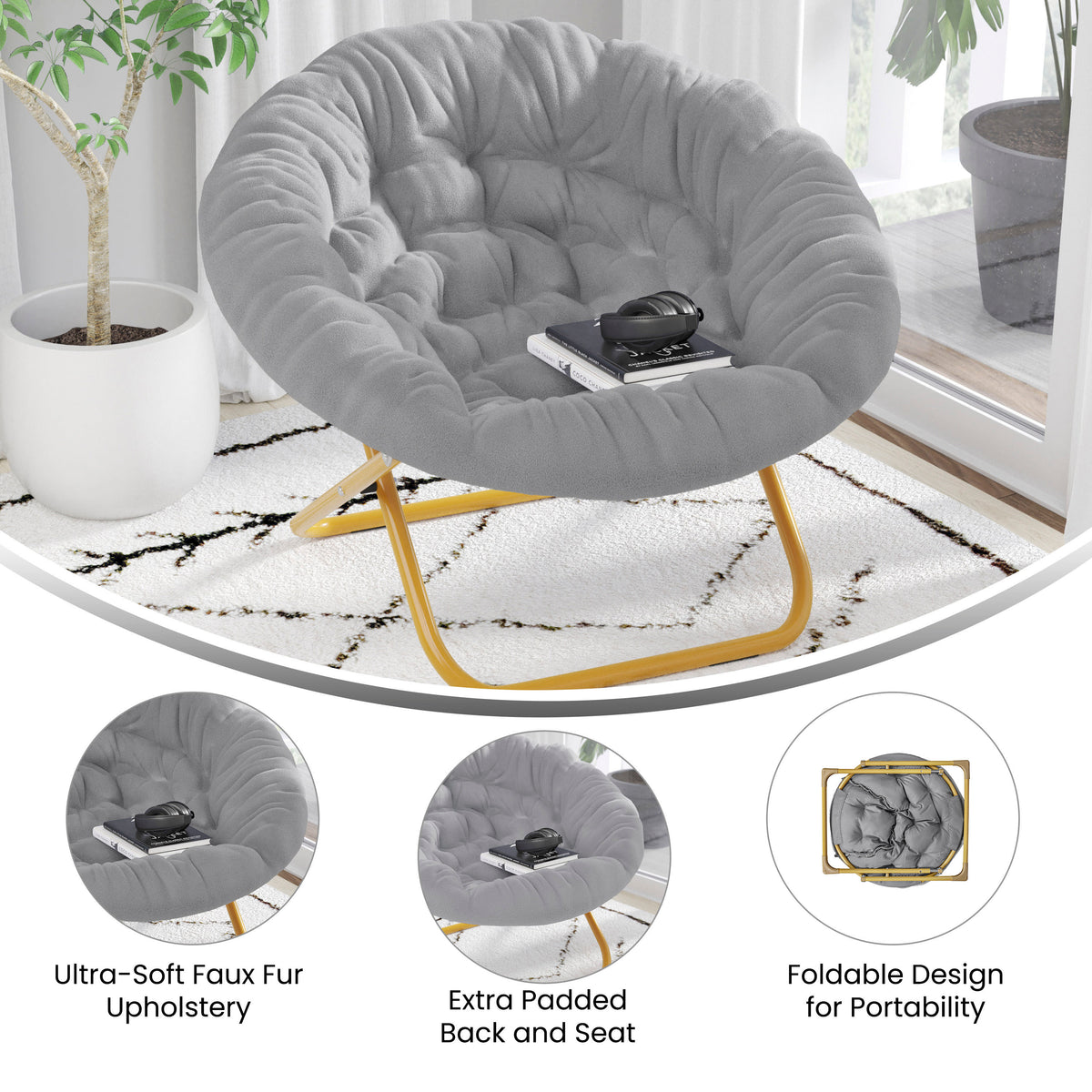 Gray Faux Fur/Soft Gold Frame |#| Folding XL Faux Fur Saucer Chair for Dorm or Bedroom - Dusty Aqua/Soft Gold