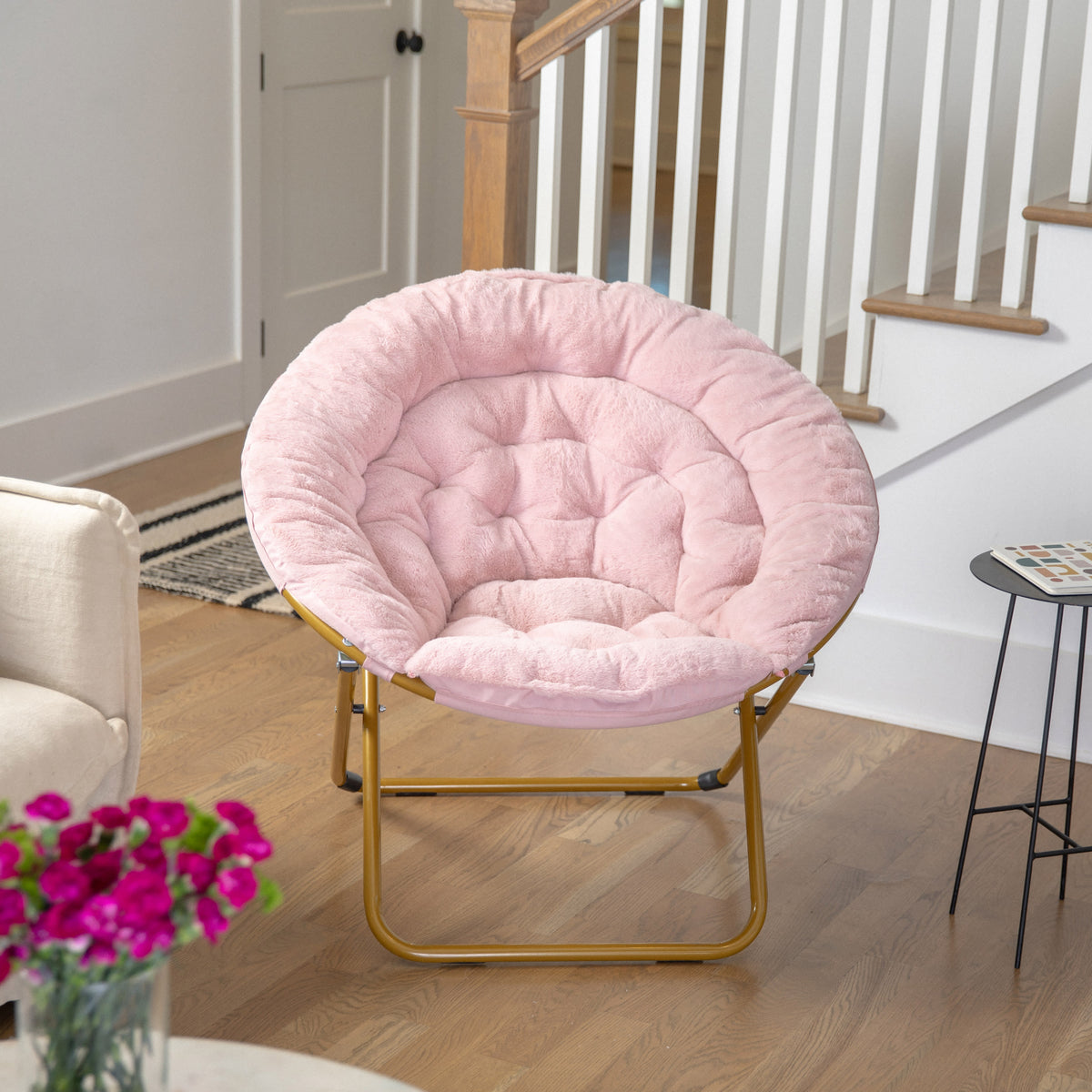 Blush Faux Fur/Soft Gold Frame |#| Folding XL Faux Fur Saucer Chair for Dorm or Bedroom - Dusty Aqua/Soft Gold