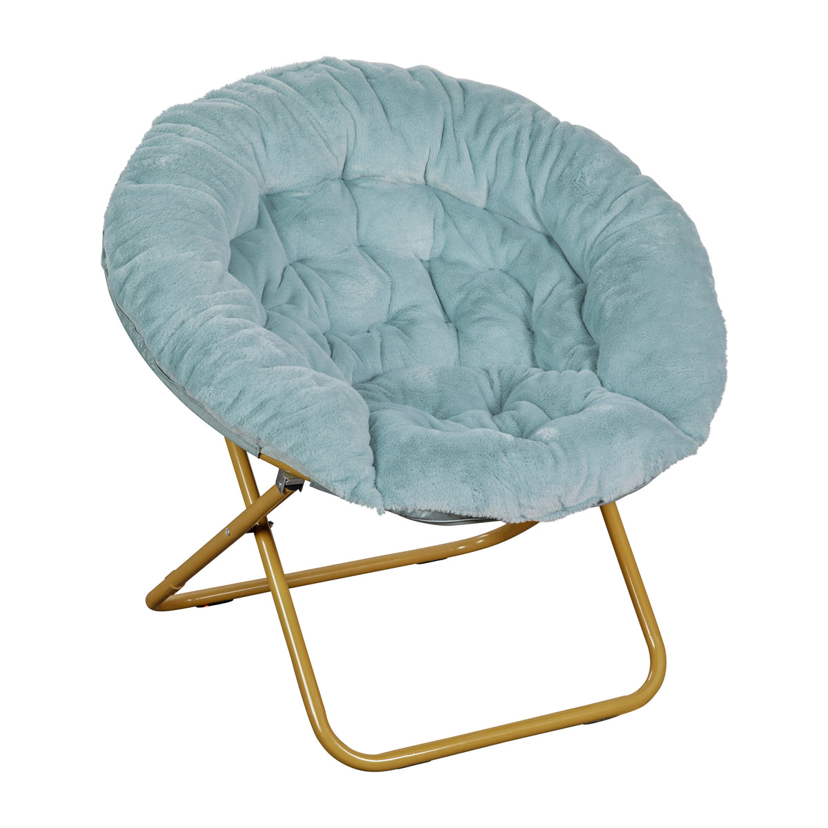 Dusty Aqua Faux Fur/Soft Gold Frame |#| Folding XL Faux Fur Saucer Chair for Dorm or Bedroom - Dusty Aqua/Soft Gold