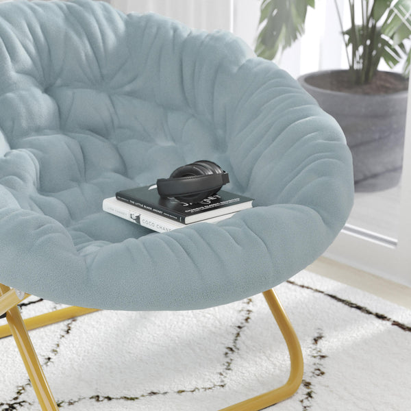 Dusty Aqua Faux Fur/Soft Gold Frame |#| Folding XL Faux Fur Saucer Chair for Dorm or Bedroom - Dusty Aqua/Soft Gold
