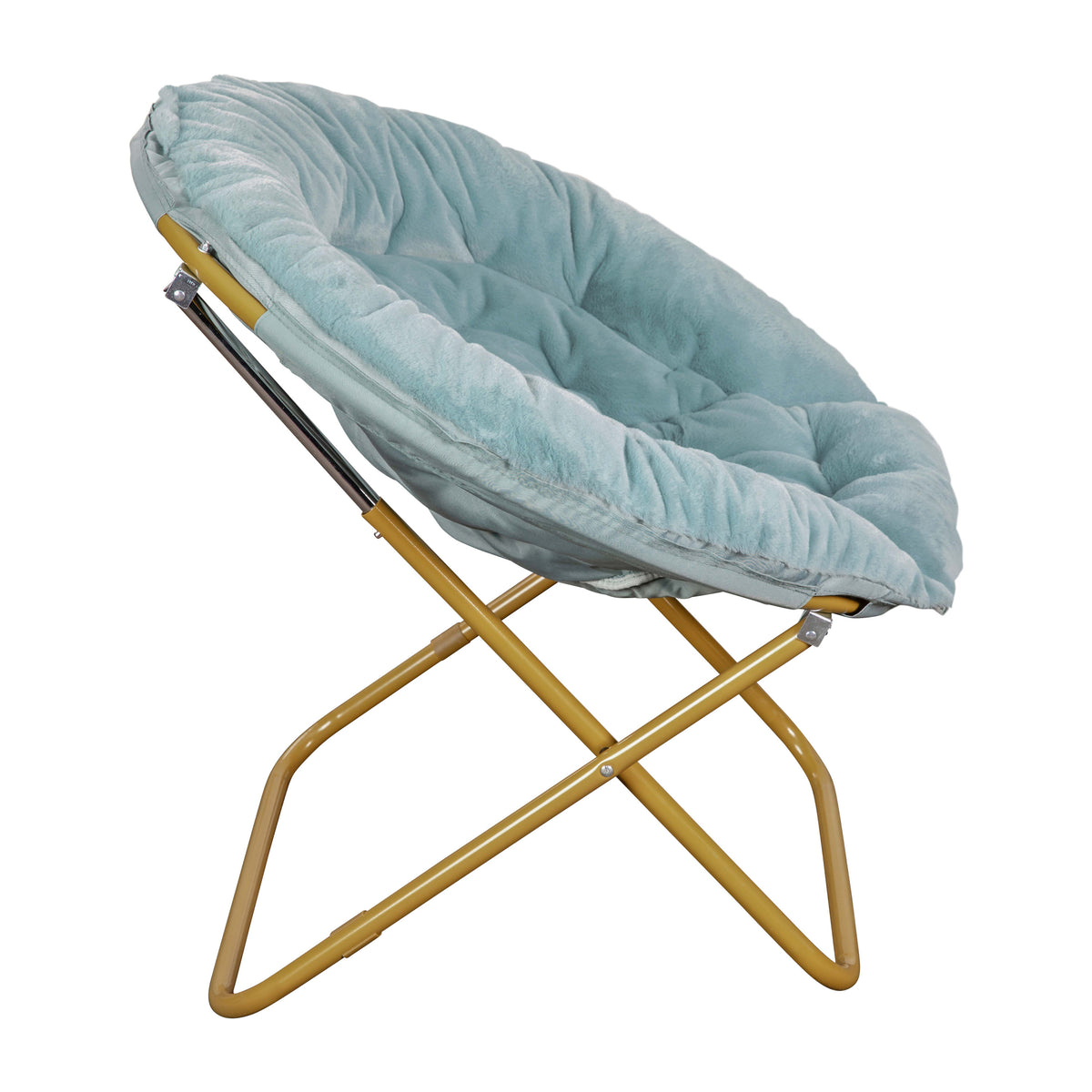 Dusty Aqua Faux Fur/Soft Gold Frame |#| Folding XL Faux Fur Saucer Chair for Dorm or Bedroom - Dusty Aqua/Soft Gold