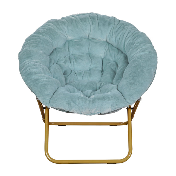 Dusty Aqua Faux Fur/Soft Gold Frame |#| Folding XL Faux Fur Saucer Chair for Dorm or Bedroom - Dusty Aqua/Soft Gold