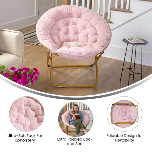 Blush Faux Fur/Soft Gold Frame |#| Folding XL Faux Fur Saucer Chair for Dorm or Bedroom - Dusty Aqua/Soft Gold