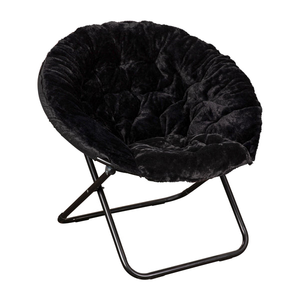 Black Faux Fur/Black Frame |#| Folding XL Faux Fur Saucer Chair for Dorm or Bedroom - Dusty Aqua/Soft Gold