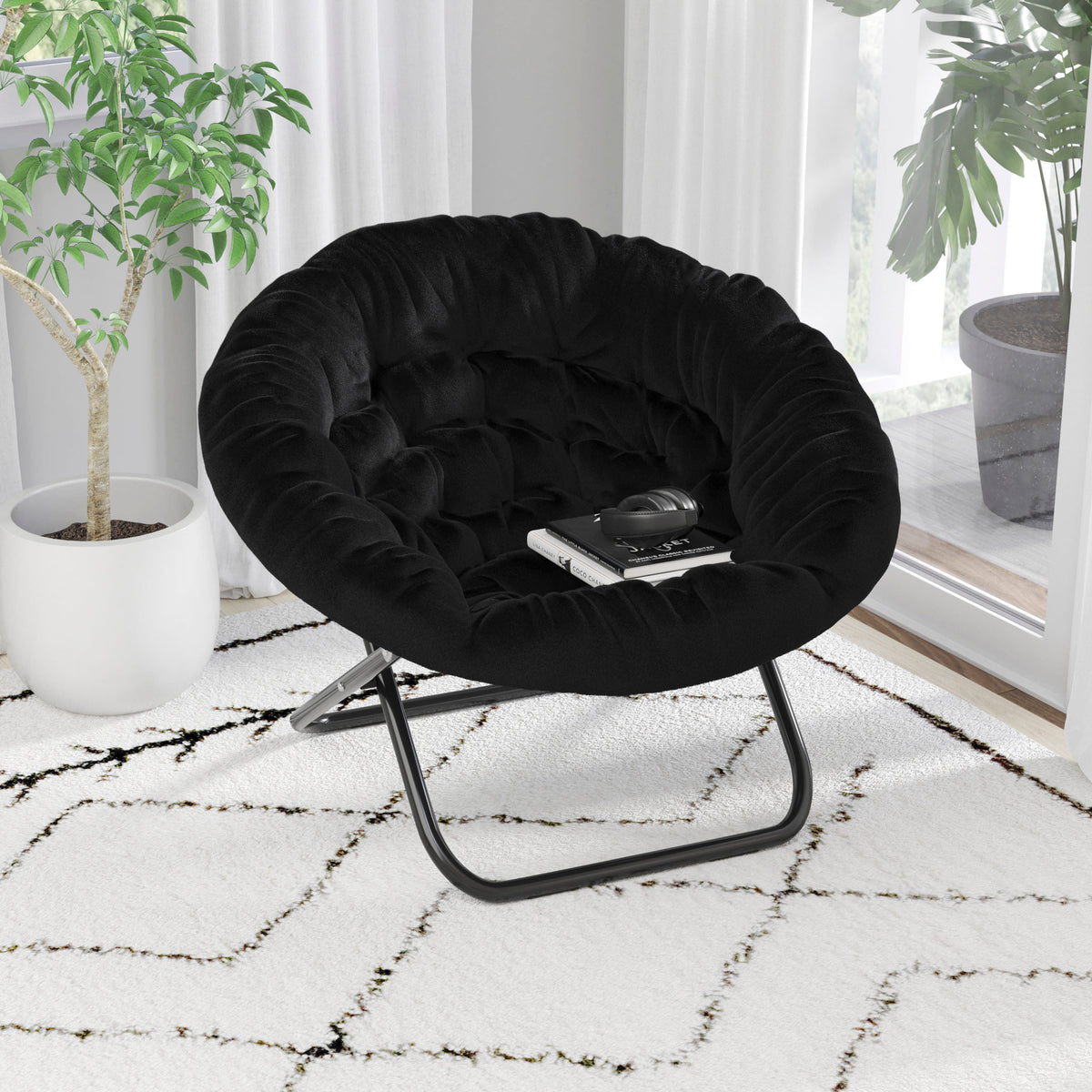 Black Faux Fur/Black Frame |#| Folding XL Faux Fur Saucer Chair for Dorm or Bedroom - Dusty Aqua/Soft Gold