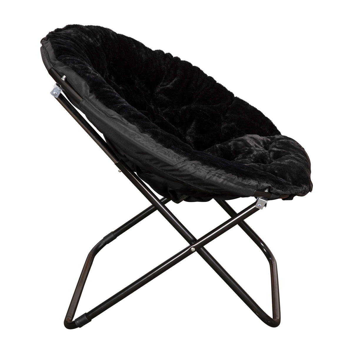 Black Faux Fur/Black Frame |#| Folding XL Faux Fur Saucer Chair for Dorm or Bedroom - Dusty Aqua/Soft Gold