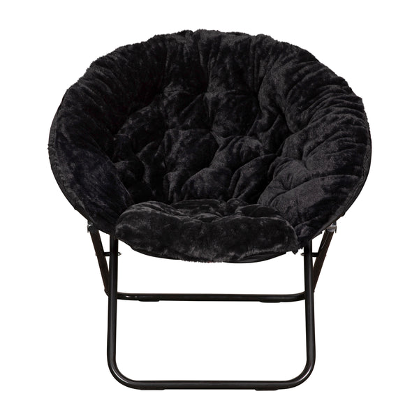 Black Faux Fur/Black Frame |#| Folding XL Faux Fur Saucer Chair for Dorm or Bedroom - Dusty Aqua/Soft Gold