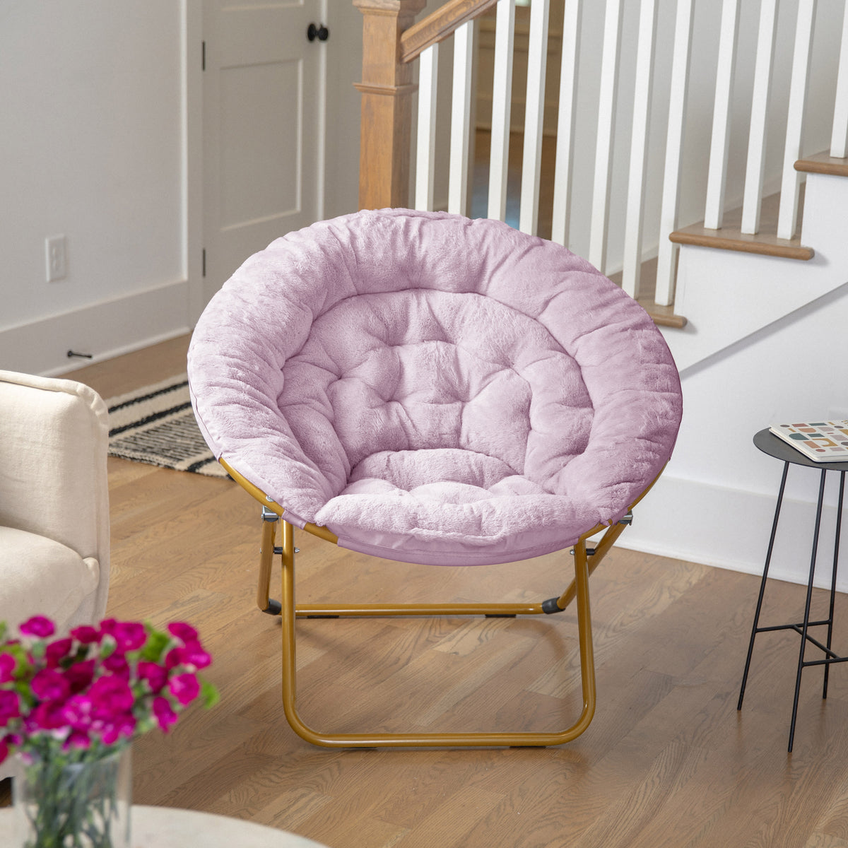 Dusty Purple Fabric/ Soft Gold Frame |#| Folding XL Faux Fur Saucer Chair for Dorm or Bedroom - Dusty Purple/Soft Gold