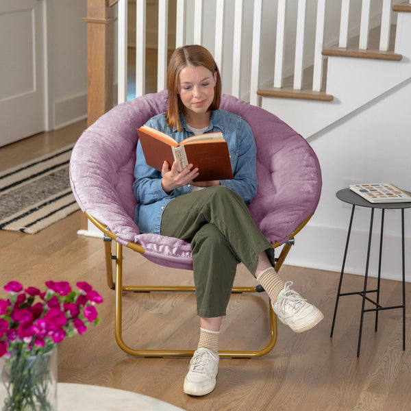 Dusty Purple Fabric/ Soft Gold Frame |#| Folding XL Faux Fur Saucer Chair for Dorm or Bedroom - Dusty Purple/Soft Gold