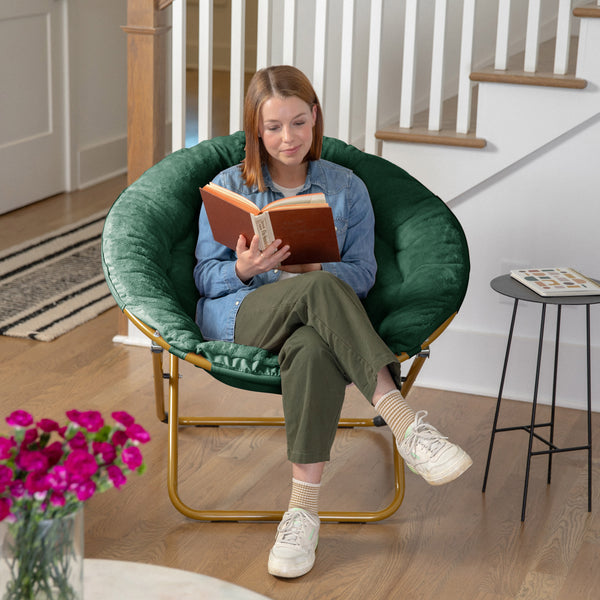 Emerald Fabric/ Soft Gold Frame |#| Folding XL Faux Fur Saucer Chair for Dorm or Bedroom - Emerald/Soft Gold