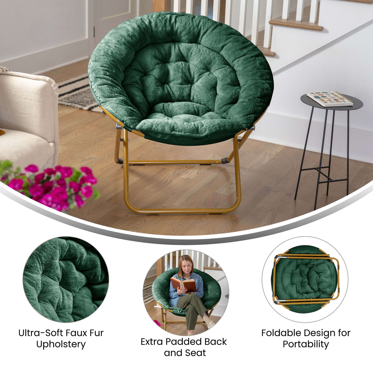 Emerald Fabric/ Soft Gold Frame |#| Folding XL Faux Fur Saucer Chair for Dorm or Bedroom - Emerald/Soft Gold