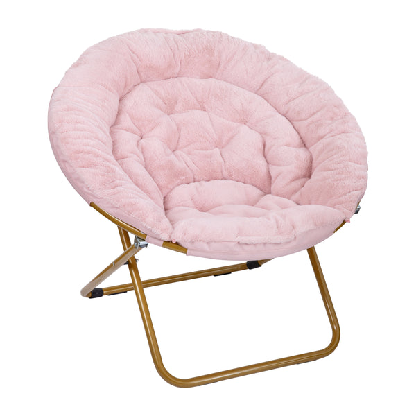 Blush Faux Fur/Soft Gold Frame |#| Folding XL Faux Fur Saucer Chair for Dorm or Bedroom - Blush/Soft Gold