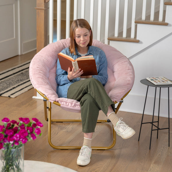 Blush Faux Fur/Soft Gold Frame |#| Folding XL Faux Fur Saucer Chair for Dorm or Bedroom - Blush/Soft Gold