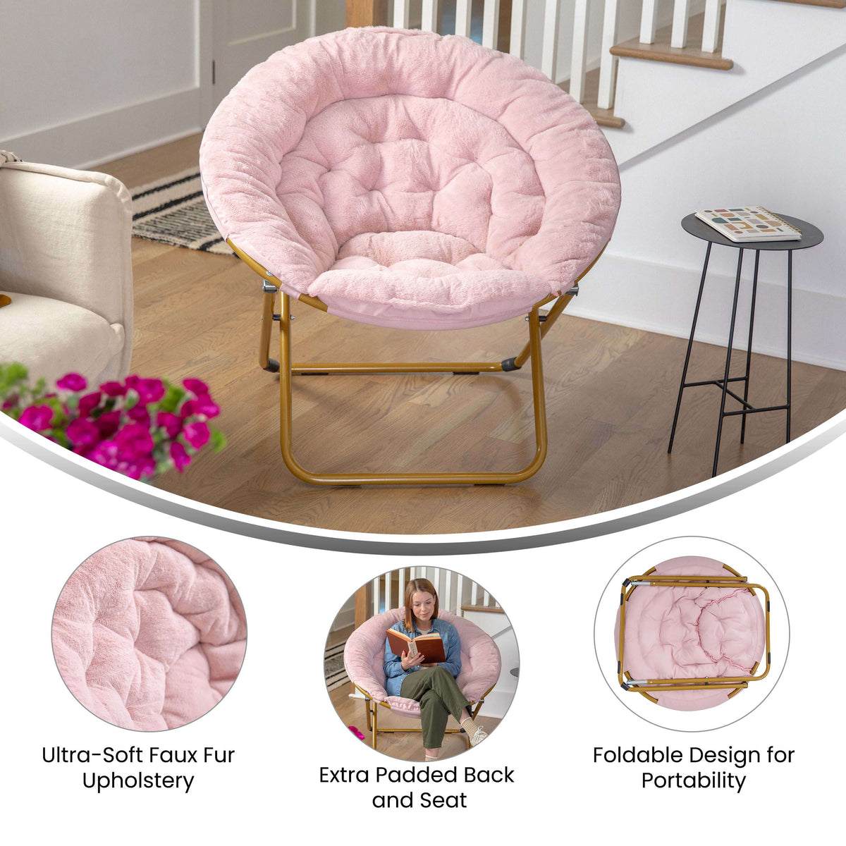 Blush Faux Fur/Soft Gold Frame |#| Folding XL Faux Fur Saucer Chair for Dorm or Bedroom - Blush/Soft Gold