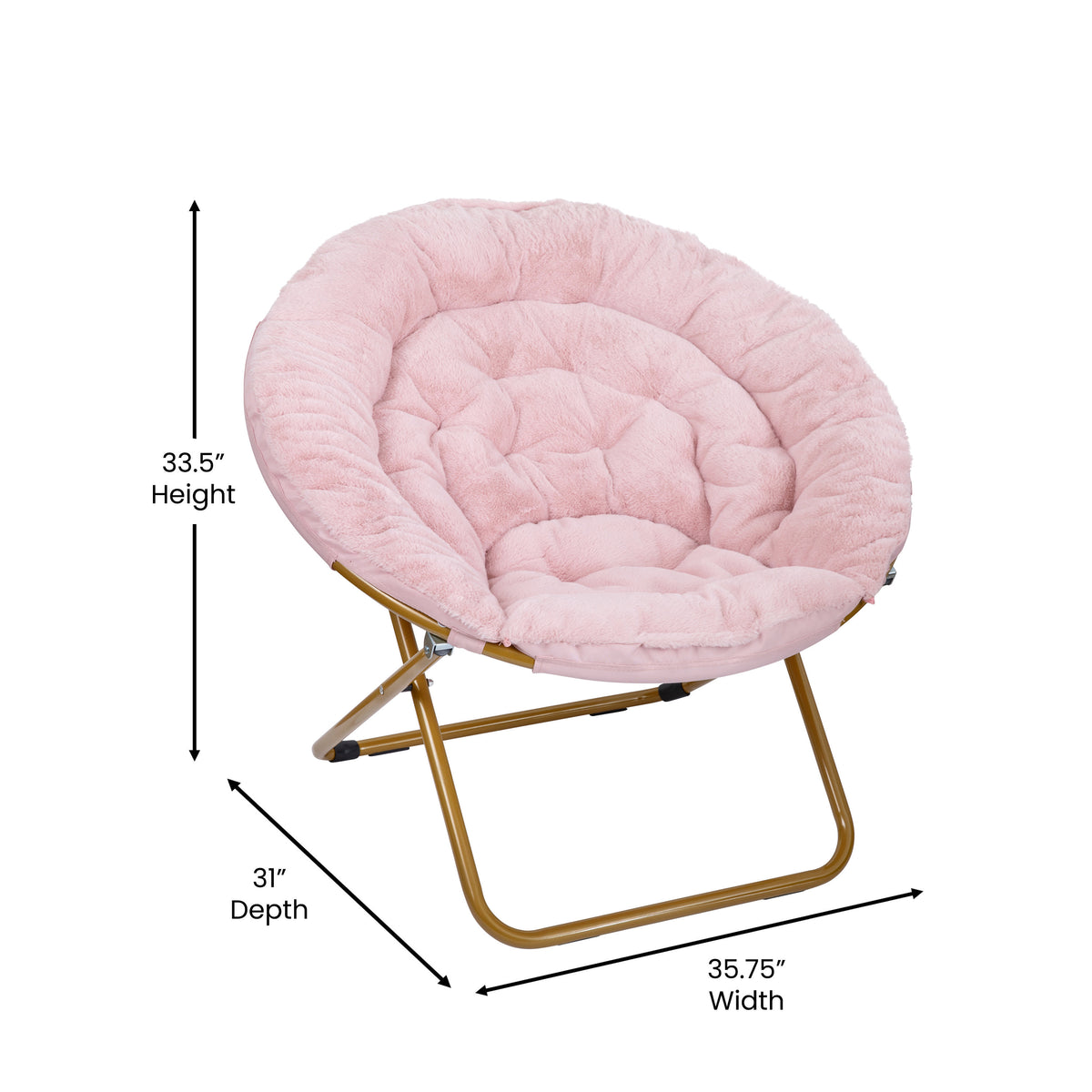 Blush Faux Fur/Soft Gold Frame |#| Folding XL Faux Fur Saucer Chair for Dorm or Bedroom - Blush/Soft Gold