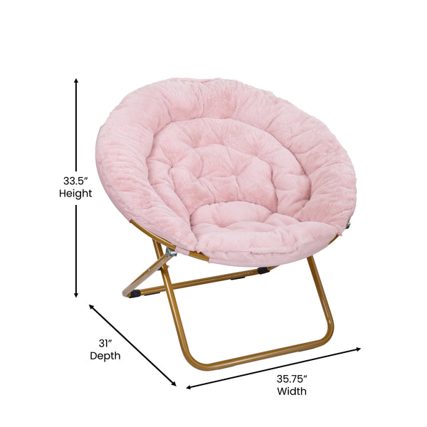 Blush Faux Fur/Soft Gold Frame |#| Folding XL Faux Fur Saucer Chair for Dorm or Bedroom - Blush/Soft Gold