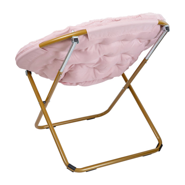 Blush Faux Fur/Soft Gold Frame |#| Folding XL Faux Fur Saucer Chair for Dorm or Bedroom - Blush/Soft Gold