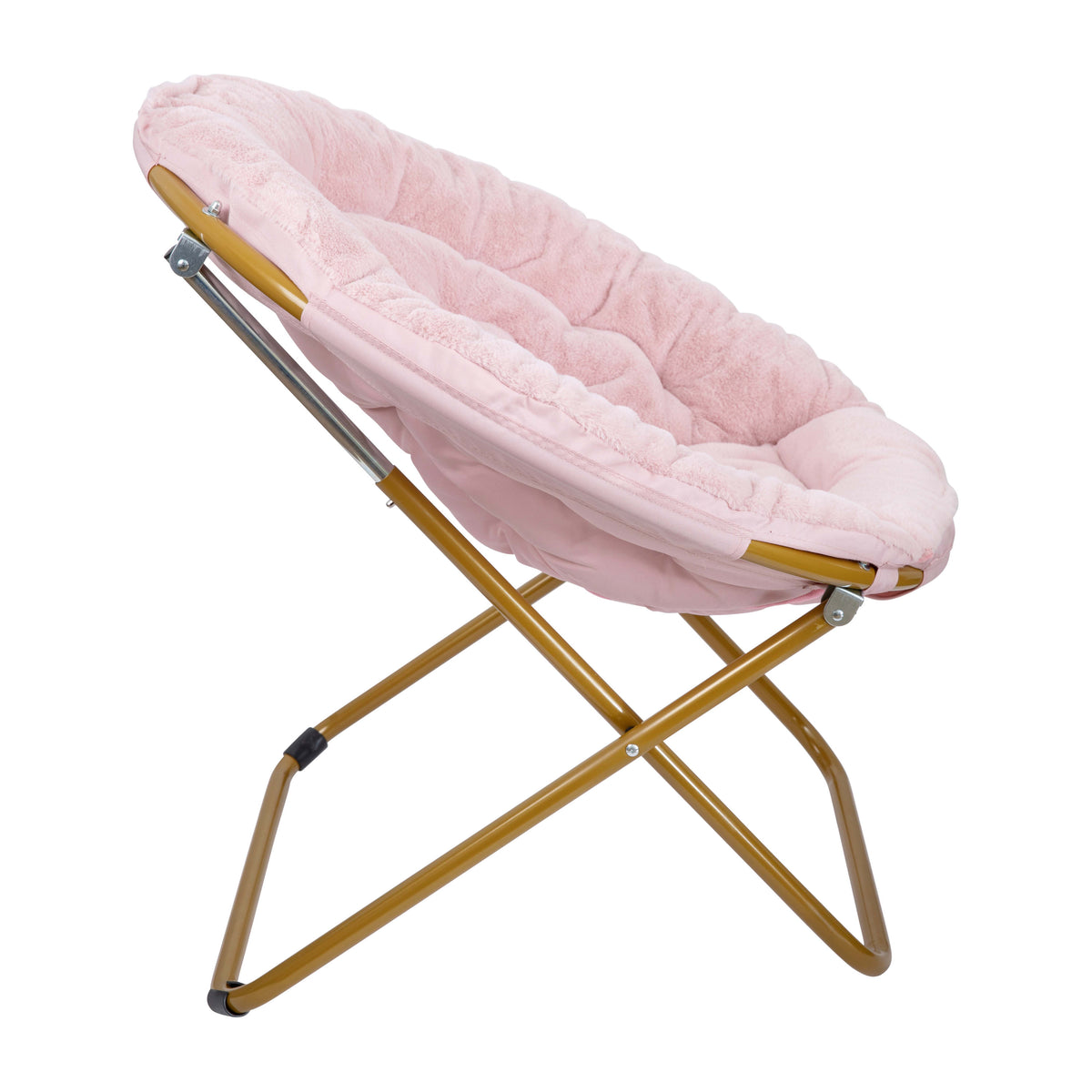 Blush Faux Fur/Soft Gold Frame |#| Folding XL Faux Fur Saucer Chair for Dorm or Bedroom - Blush/Soft Gold