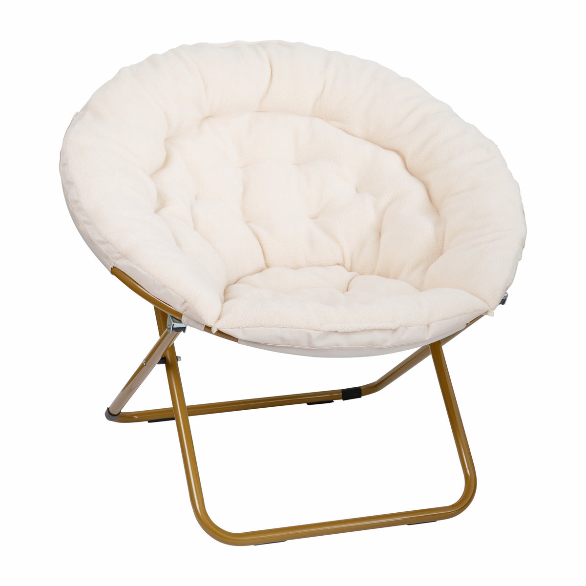 Ivory Sherpa/Soft Gold Frame |#| Folding XL Faux Fur Saucer Chair for Dorm or Bedroom - Ivory/Soft Gold