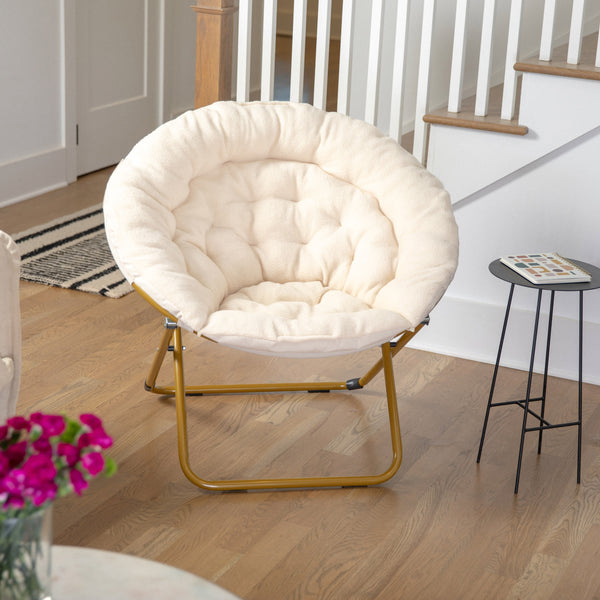 Ivory Sherpa/Soft Gold Frame |#| Folding XL Faux Fur Saucer Chair for Dorm or Bedroom - Ivory/Soft Gold