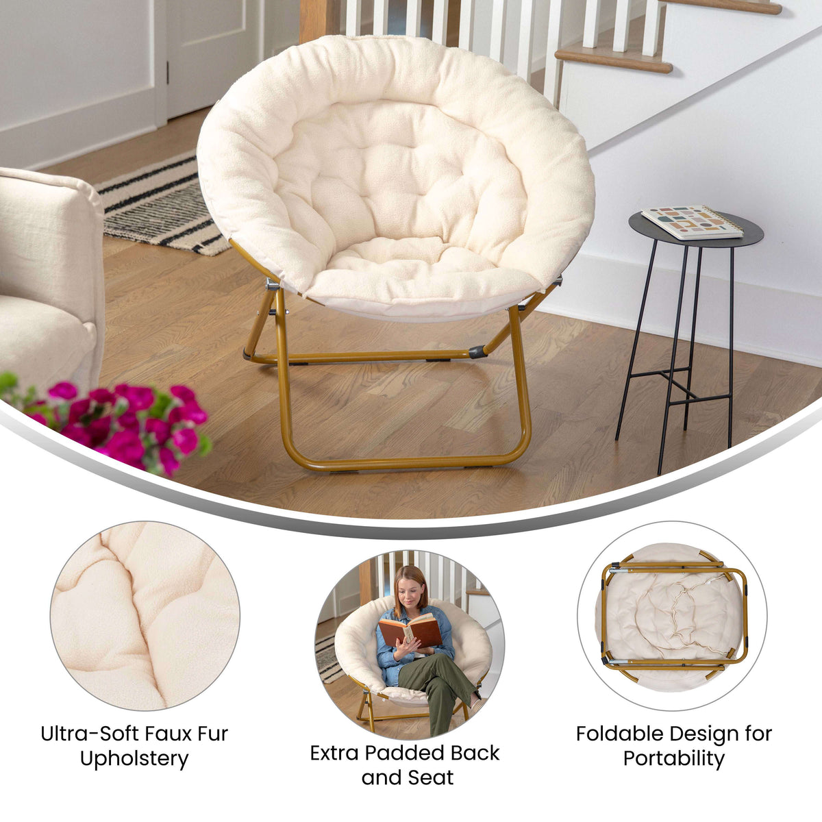 Ivory Sherpa/Soft Gold Frame |#| Folding XL Faux Fur Saucer Chair for Dorm or Bedroom - Ivory/Soft Gold